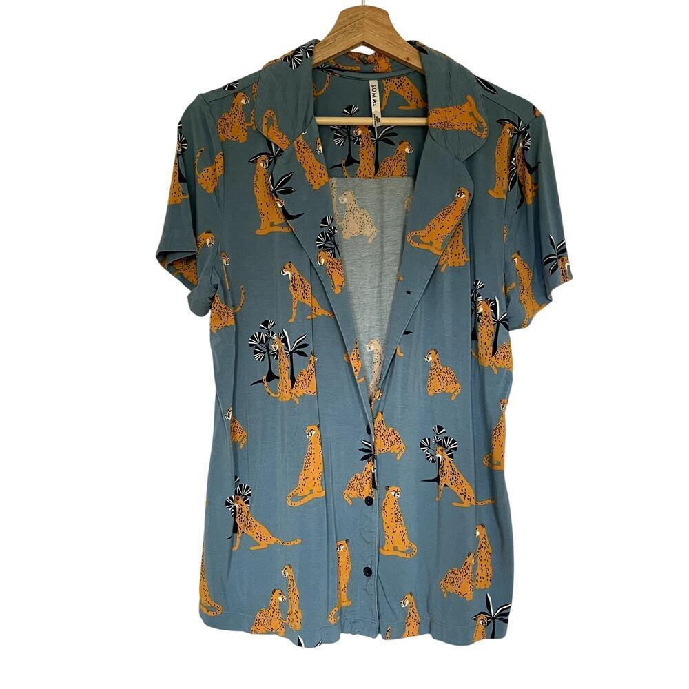 Soma button down pajama top soft short sleeves leopards big cats women L rayon